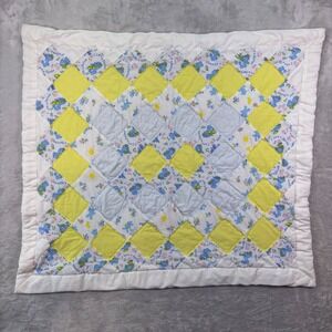 Vtg Unbranded Kids Baby Blanket OS White Yellow Blue Quilted Bear Parade Print